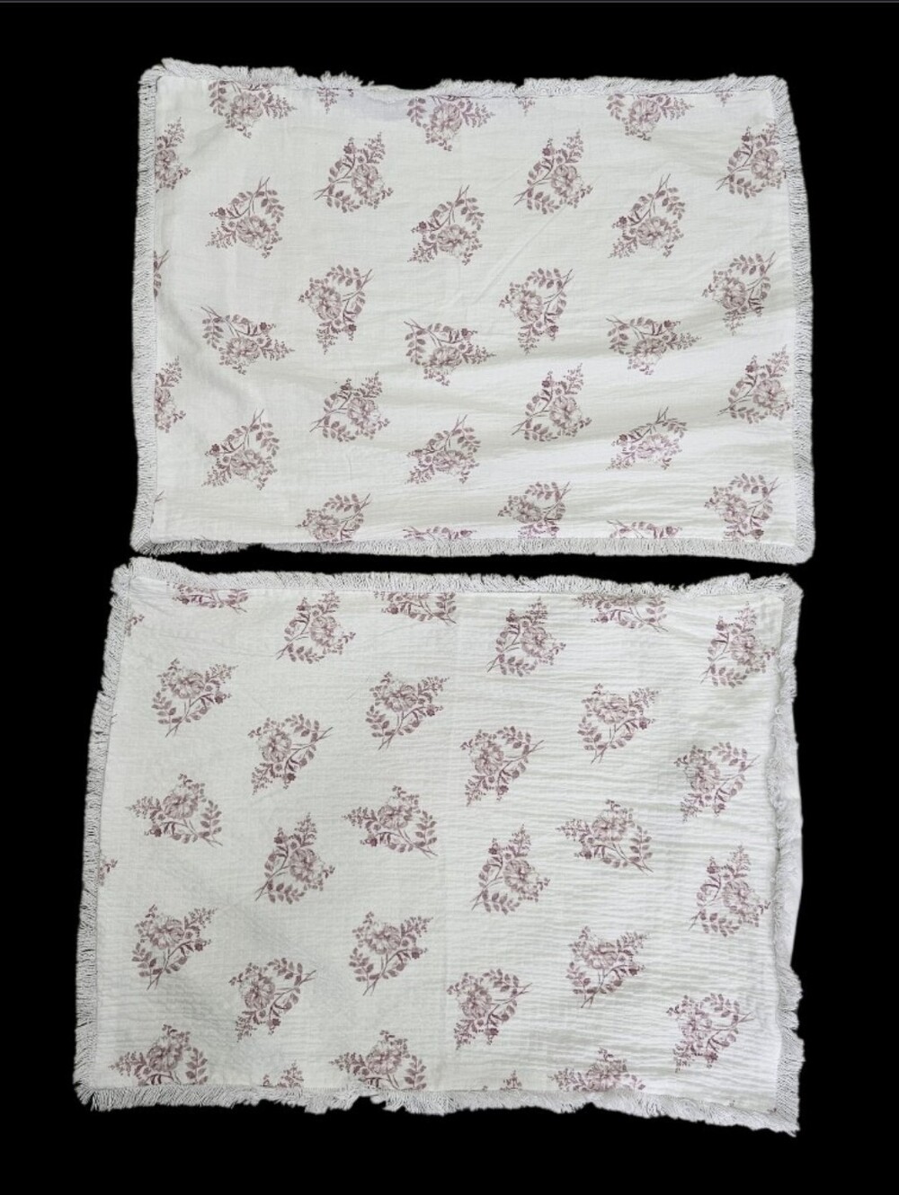 Shabby Chic Mauve Floral White STD Pillow Shams Textured Gauzy Cotton Fringe NEW